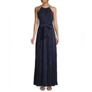 DKNY Embellished-Trim Pleated Halter Gown  belted gown dress navy size 6